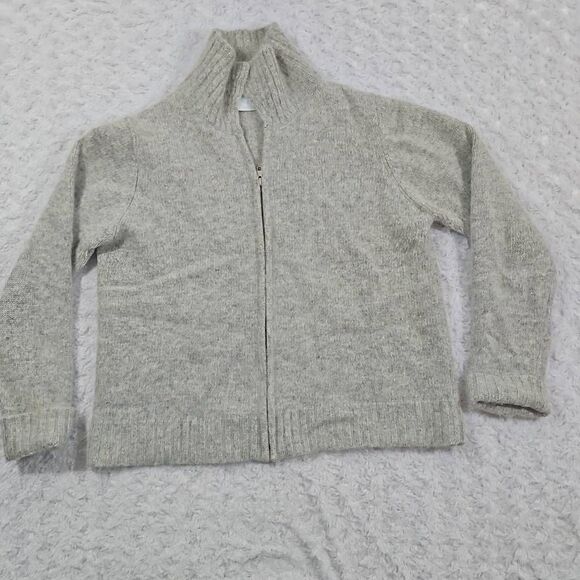Womens Petite Medium Angora Rabbit Hair Lambswool Full Zip Collared Grey Sweater - Picture 1 of 5